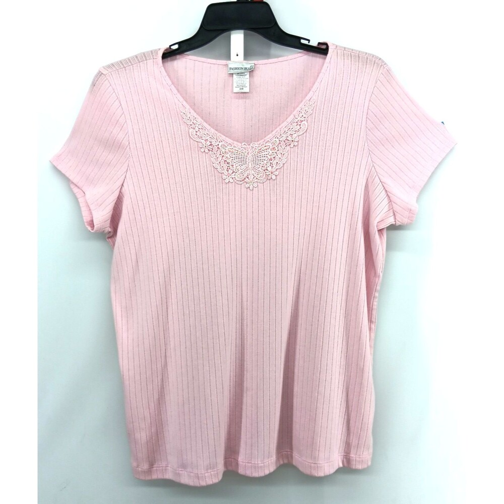 Fashion Bug Shirt Women Size 18/20 Pink Ribbed Knit Embellished V Neck Top